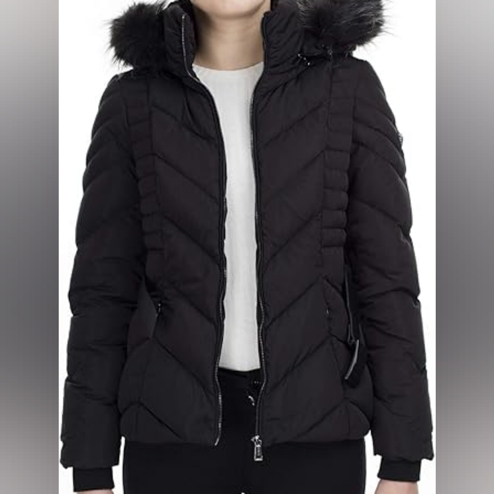 Guess Down Coat Black Puffer Jacket with Hood Size Large